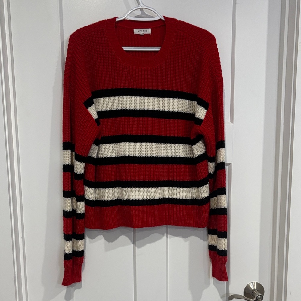 Sweater Red, Black and White Striped crew neck